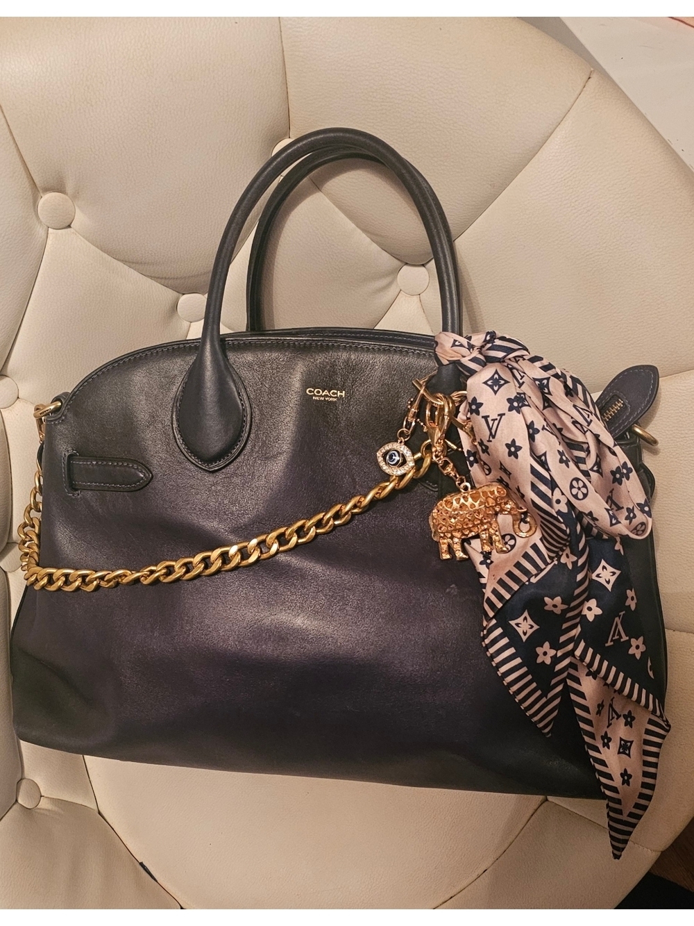 Coach NAVY Leather Satchel with Gold Chain and White/Blue Scarf Charm Empire 40